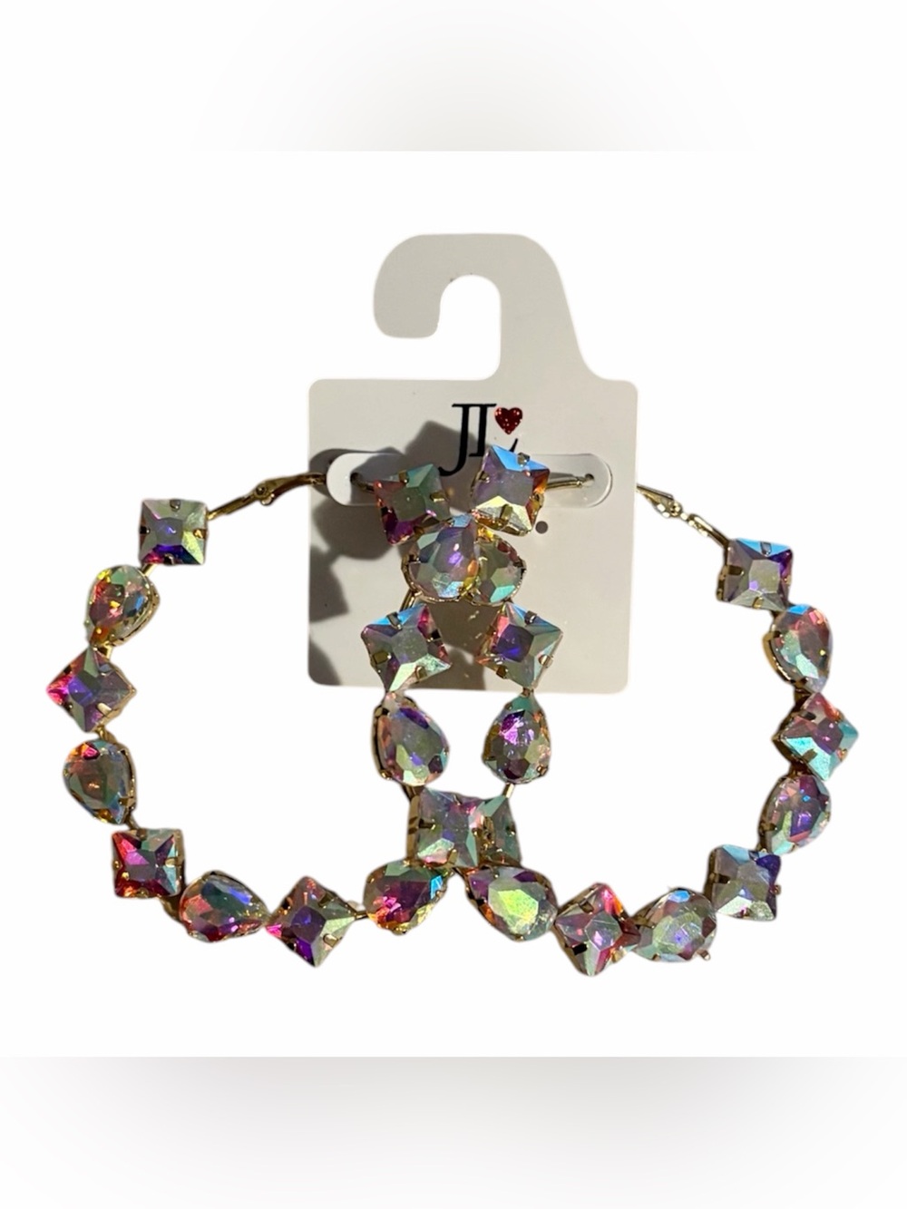 Iridescent Large Crystal Hoop Earrings with Gold-Tone Setting